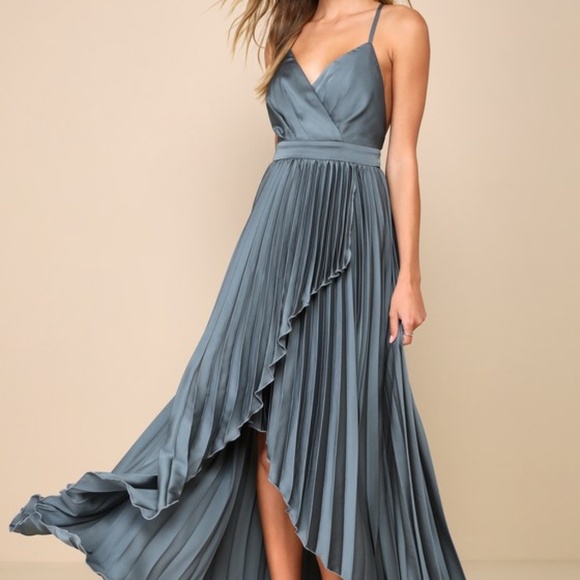 Lulus Ultimate Charm Dark Sage Grey Satin Pleated High-low Maxi Dress - Size L - Picture 1 of 8